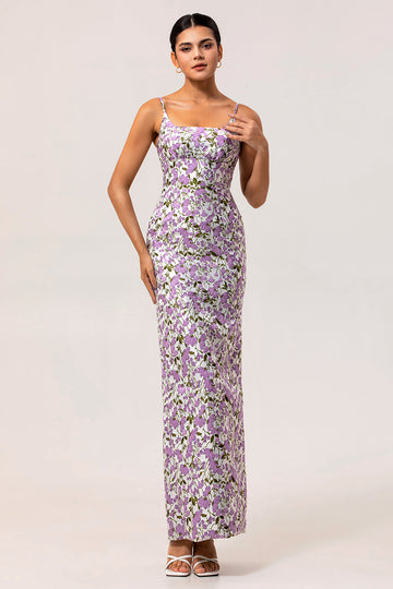 Purple Floral Sheath Printed Spaghetti Straps Long Bridesmaid Dress